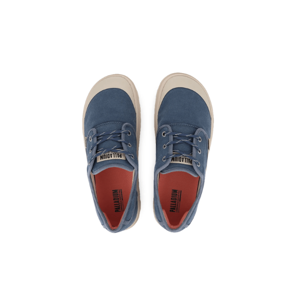 Palladium Dunelite Ox Comfort Vintage Indigo sneaker pair – overhead view showing blue canvas upper, laces and Palladium branded insole