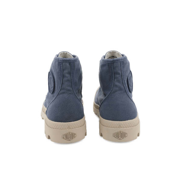 Palladium Pampa Hi Vintage Indigo pair - back view showing heel construction and Palladium logo