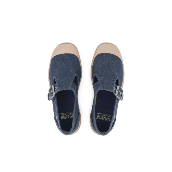 Palladium Pampa Mary-Jane Washed Vintage Indigo – overhead pair view of washed canvas flat with buckle strap