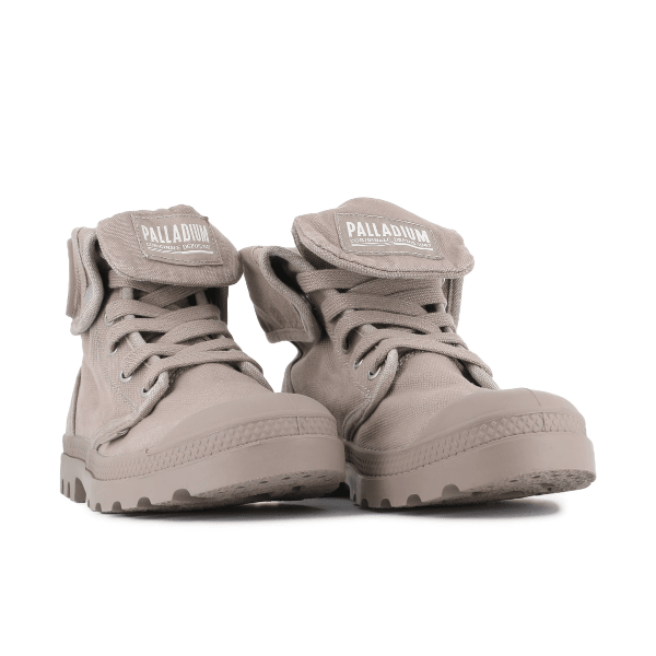 Palladium Baggy High-Top Boots in Vintage Khaki – pair view showing canvas cuff and chunky rubber outsole