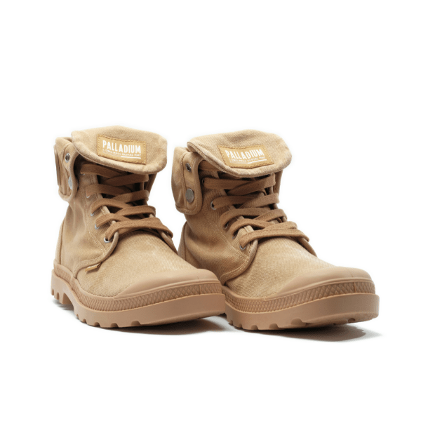 Palladium Baggy Woodlin Boots - Pair View of Tan Canvas High-Top Boots with Palladium Branding