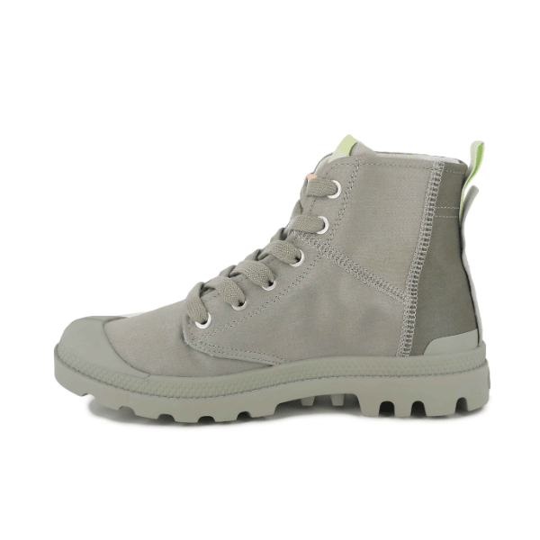 Palladium Pampa Hi Urban Layer Abbey Stone boot side view showing grey upper with lime green tongue tab