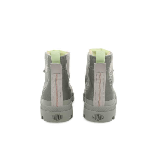 Palladium Pampa Hi Urban Layer Abbey Stone boots rear view with lime green heel tab and pink stitch detail