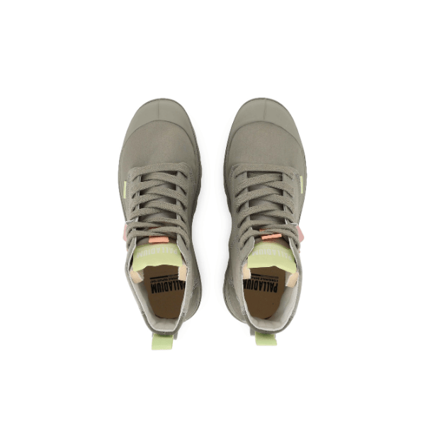 Palladium Pampa Hi Urban Layer Abbey Stone boots top view showing lime green insole and Palladium branding