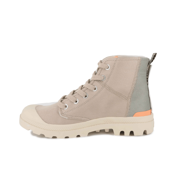 Palladium Pampa Hi Urban Layer Pilat boot side profile showing beige moleskin upper and orange heel detail
