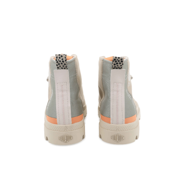 Palladium Pampa Hi Urban Layer Pilat boots rear view showing orange heel strap and leopard print tongue