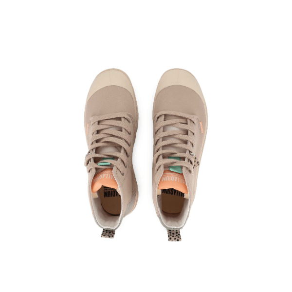 Palladium Pampa Hi Urban Layer Pilat boots top view showing leopard print insole and orange tongue trim