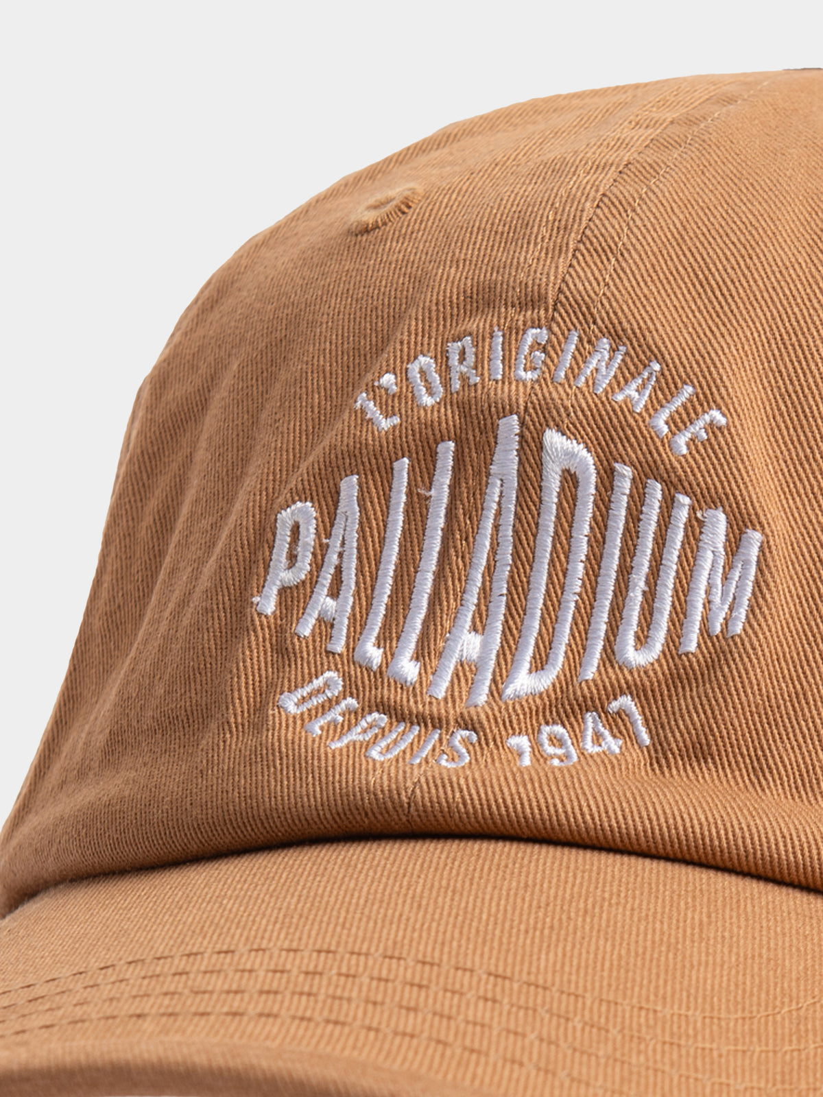 Palladium Dad Cap Camel - Close-Up of Embroidered L'Originale Palladium Depuis 1947 Logo