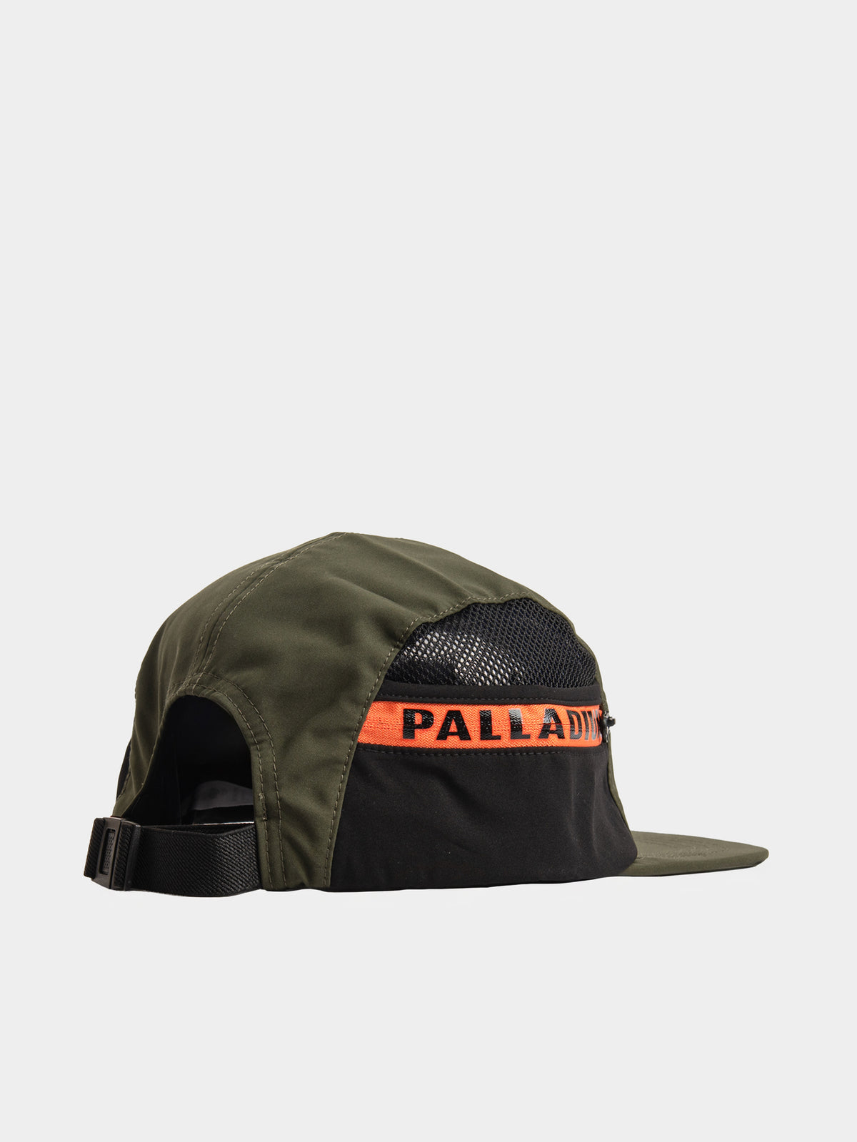 Palladium 5 Panel Military Cap in Olive - Back view showing mesh panel, adjustable strap and orange Palladium logo band