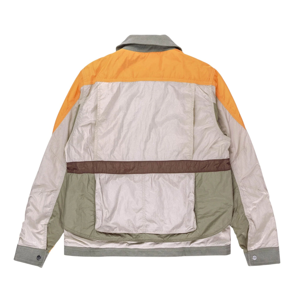 Palladium Utility Jacket back view showing colour-block orange, beige and sage nylon panels with ribbed cuffs and hem