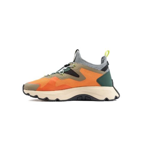 Palladium Thunder Lo Golden Ochre sneaker side view - men's sneaker with orange and green colourblock design, code 08851