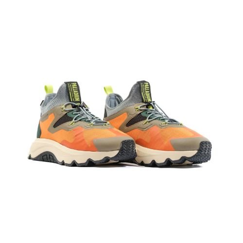 Palladium Thunder Lo Golden Ochre sneaker pair - men's urban utility sneakers in orange and green with cream outsole, code 08851