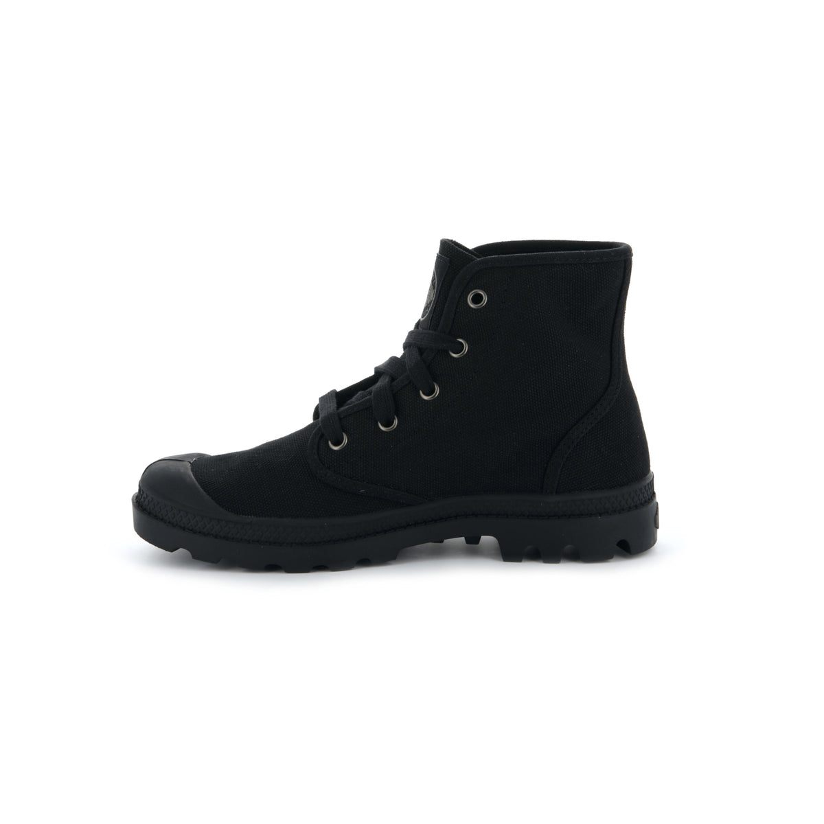 Palladium Ladies Pampa Hi boot in Black – rear side view showing canvas upper, eyelet lacing detail and durable rubber outsole