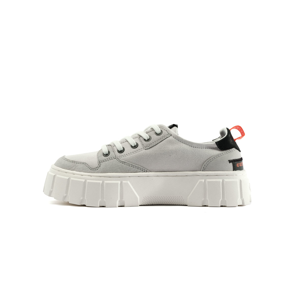 Palladium Ladies Pallatower Lo Vapor sneaker side angle view highlighting canvas texture and orange heel pull tab