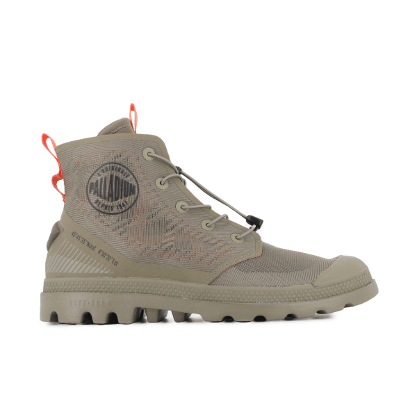 Side view of Palladium Pampa Lite Travel VT in Dusky Green with orange pull tabs and mesh-textured upper.