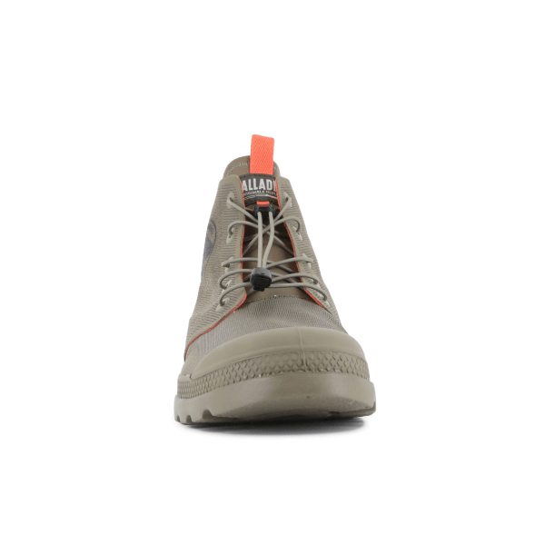 Front view of Palladium Pampa Lite Travel VT sneaker-boot in Dusky Green with toggle lacing system.