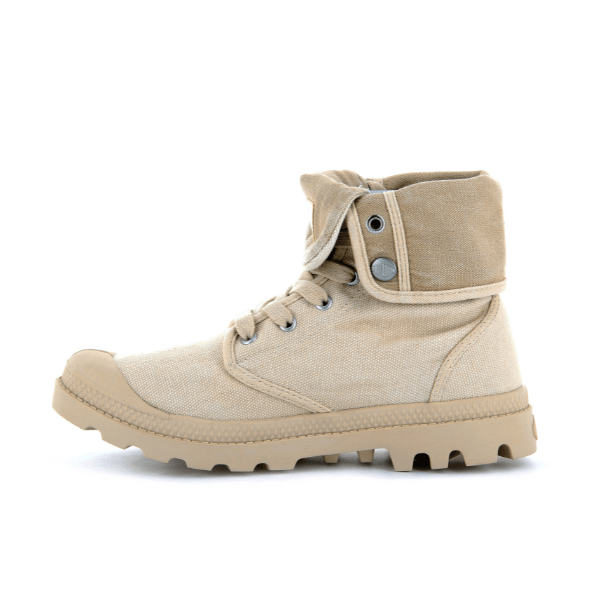 Palladium Baggy High-Top Boot in Sahara – angled view with unfolded cuff and canvas textile upper