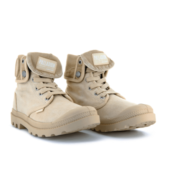 Palladium Baggy High-Top Boots in Sahara – pair view showing canvas cuff and chunky rubber outsole