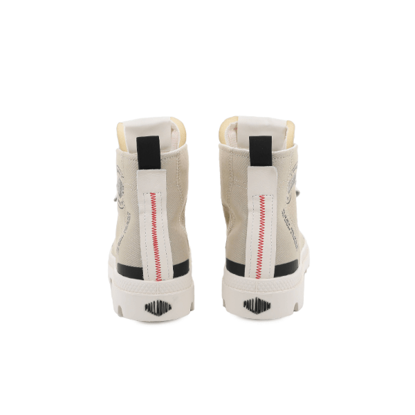 Palladium Pampa Hi Urban Boot Taupe Rice - Back View Red Zigzag Stitching