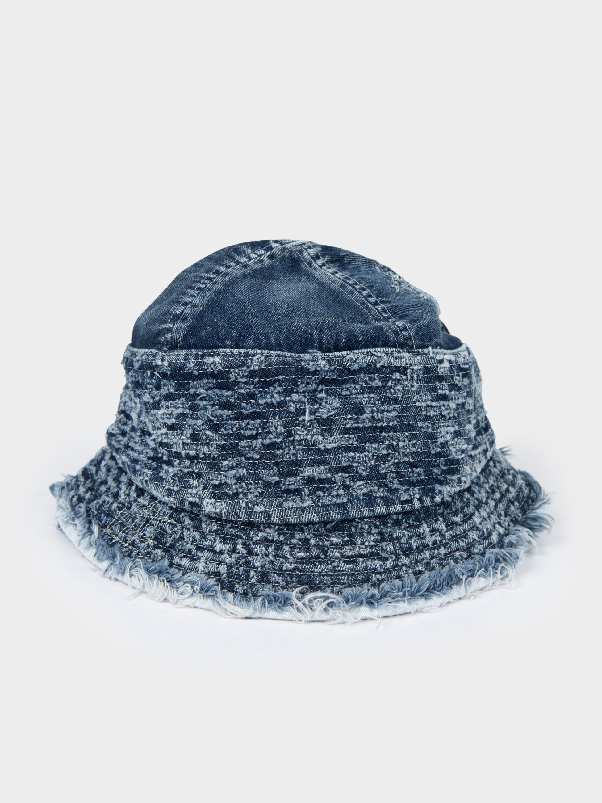 Palladium Frayed Bucket Hat in Navy distressed denim with frayed raw-edge brim, side profile view