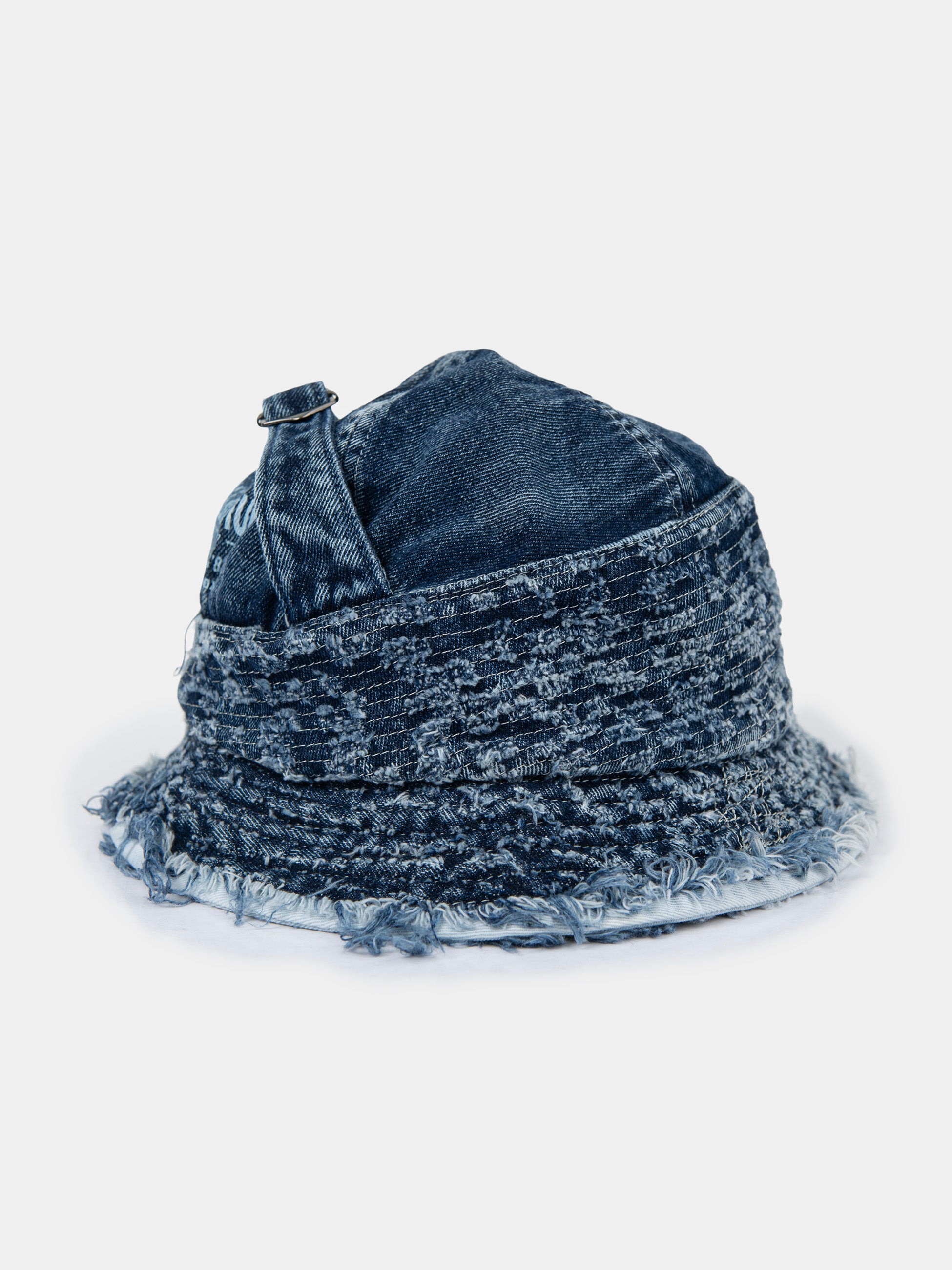 Palladium Frayed Bucket Hat in Navy distressed denim, back view showing adjustable buckle strap